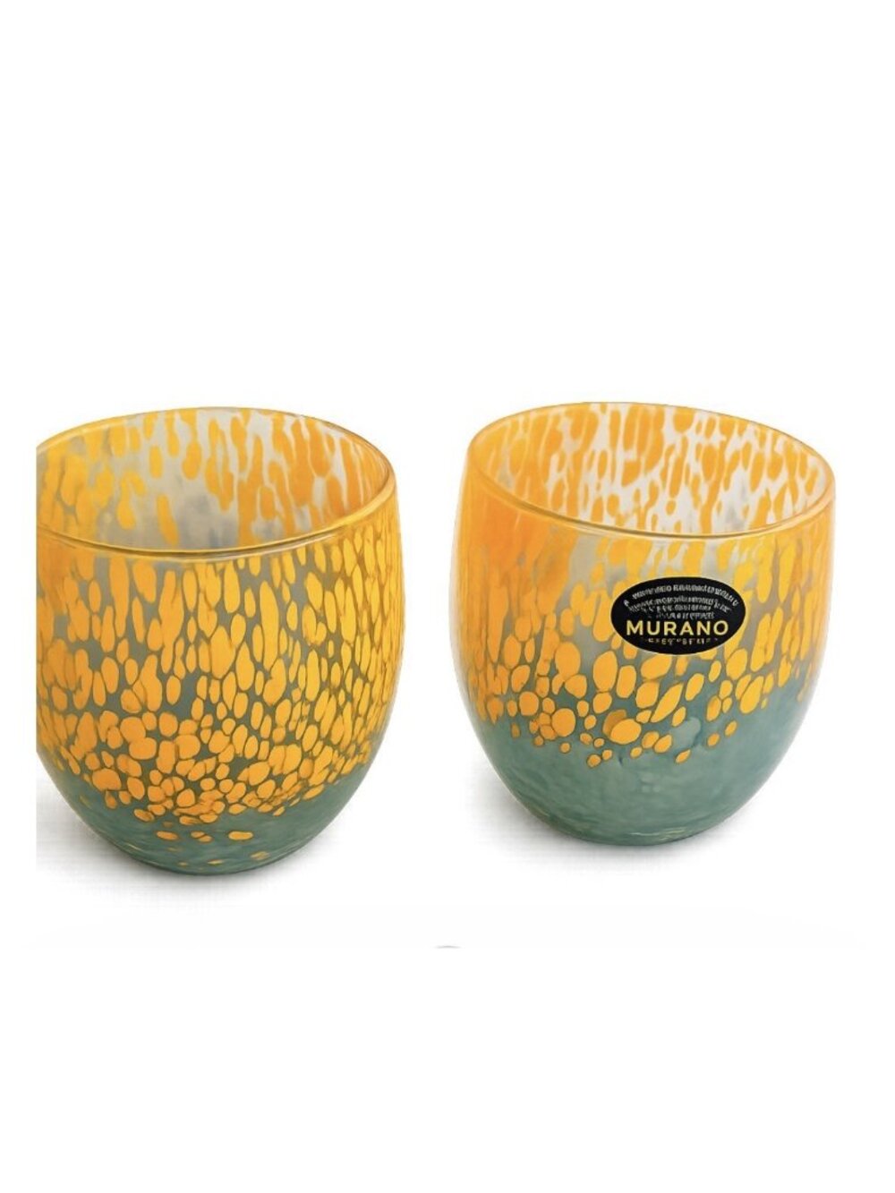 Murano Crystal Confetti Stemless Wine Glasses Italy Blue (lot of 2) Barware New